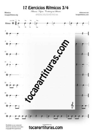 17 Ejercicios de Ritmos Músicales Compás 3/4 Partitura PDF/MIDI de 3 tiempos con Negras, Corcheas, Blancas y sus Silencios