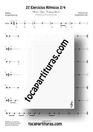 27 Ejercicios de Ritmos Músicales Partitura PDF/MIDI Compás 2/4 de 2 tiempos con Negras, Corcheas, Blancas y sus Silencios