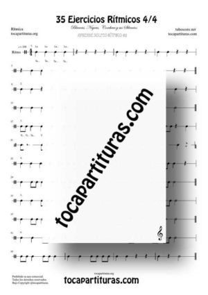 35 Ejercicios de Ritmos Músicales Compás 4/4 Partitura PDF/MIDI de 4 tiempos con Negras, Corcheas, Blancas y sus Silencios
