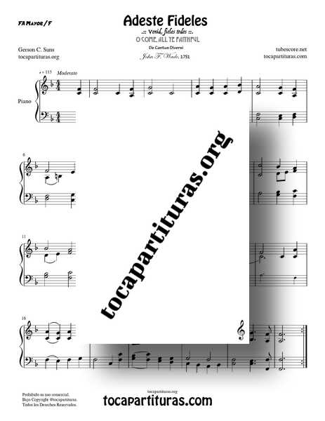 Adeste fideles Partitura PDF MIDI MP3 de Piano en FA Mayor : F