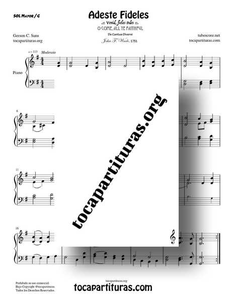 Adeste fideles Partitura PDF MIDI MP3 de Piano en Sol Mayor