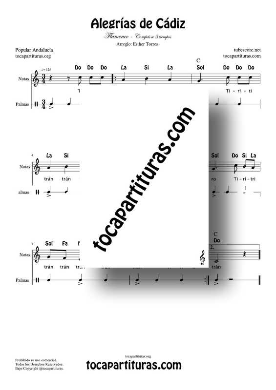 Alegrías de Cádiz Flamenco Partitura con Notas y Palmas Flamenco Partitura PDF y MIDI para profesores maestros de música en clases