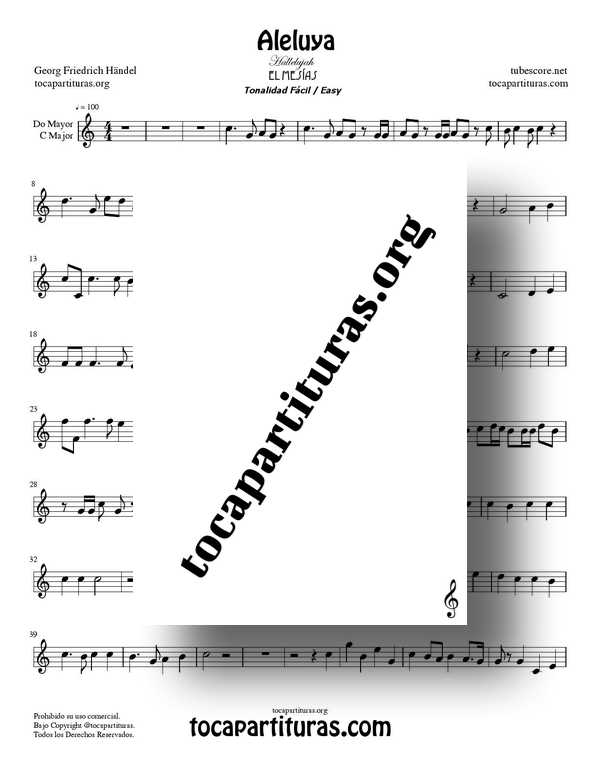 Aleluya de Handel Partitura PDF MIDI de Flauta Dulce Tonalidad Fácil en Do Mayor