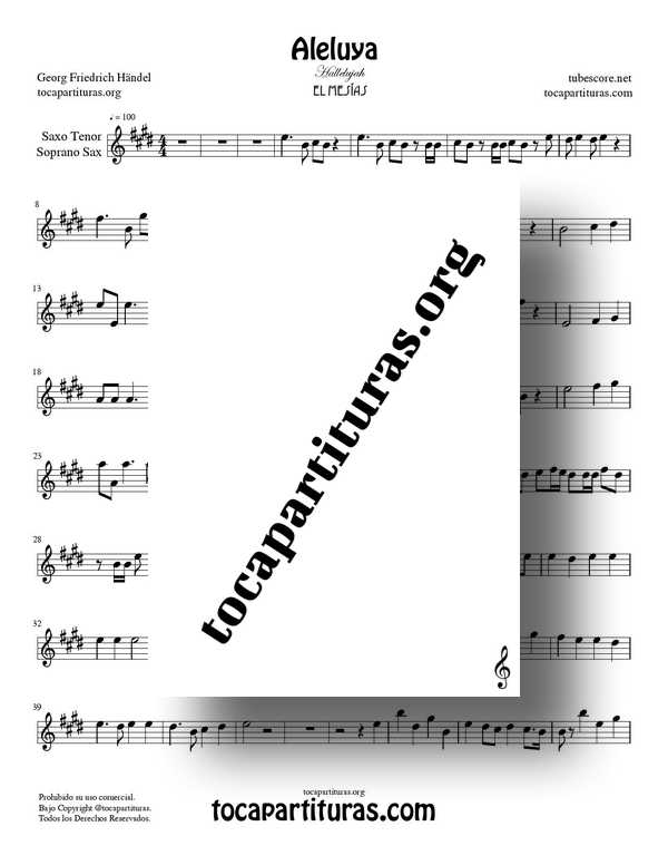Aleluya de Handel Partitura PDF MIDI de Saxofón Tenor y Soprano Sax de El Messiah