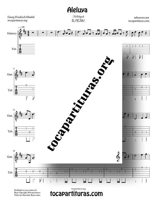 Aleluya de Handel PDF MIDI Partitura y Tablatura Punteo de Guitarra de El Messiah Tabs