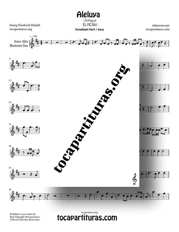 Aleluya de Handel PDF MIDI de El Messiah Partitura de Saxofón Alto y Barítono Sax Tonalidad Fácil