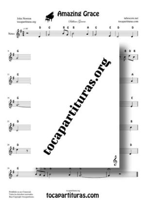 Amazing Grace by John Newton Notes Sheet Music in en G Major (G) for Treble Clef (Violín, Oboe, Flute, Recorder…)