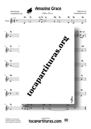 Amazing Grace Partitura PDF y MIDI en Fa Mayor (F) con Notas en letra en Clave de Sol (Flauta, Violin, Oboe, Trompeta, Clarinete…)
