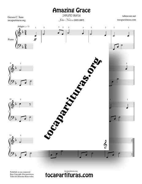 Amazing Grace Partitura PDF MIDI MP3 de Piano Fácil en Fa Mayor con Digitación