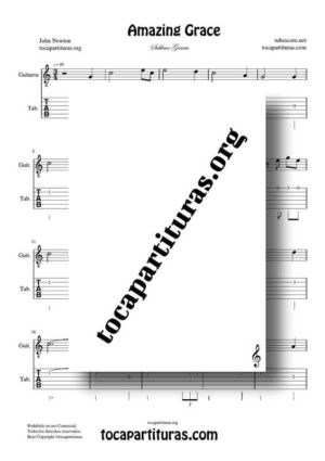 Amazing Grace PDF y MIDI Partitura y Tablatura en Do Mayor (C) del Punteo de Guitarra (Guitar Tabs)