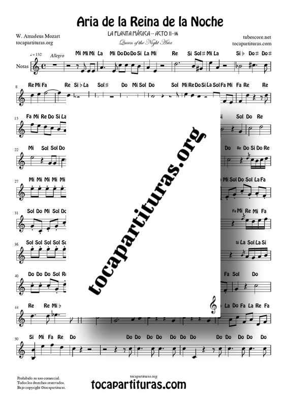 Aria de la Reina de la Noche PDF KARAOKE MP3 MIDI Partitura Fácil con Notas (La Flauta Mágica) Flautas Violin Oboe...Tonalidad Original La menor