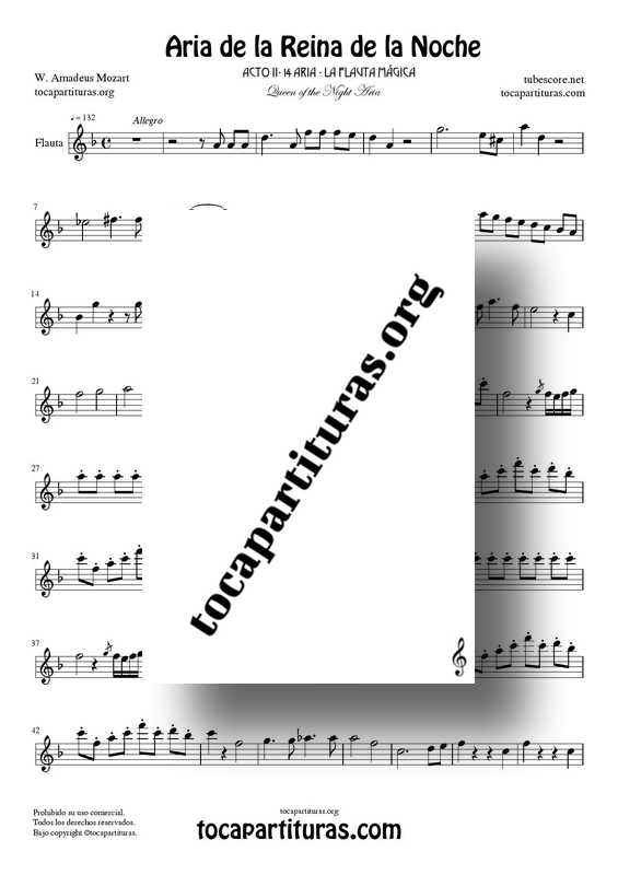 Aria de la Reina de la Noche Partitura PDF MIDI de Flauta Travesera (La Flauta Mágica) Tonalidad Original Re menor