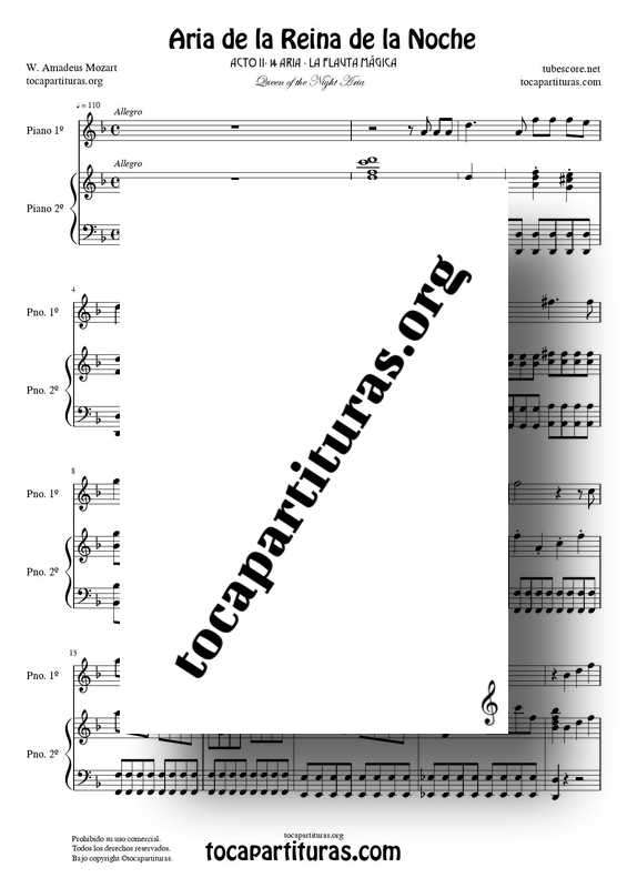 Aria de la Reina de la Noche Partitura de Piano PDF KARAOKE MP3 MIDI (La Flauta Mágica) Tonalidad Original Re m