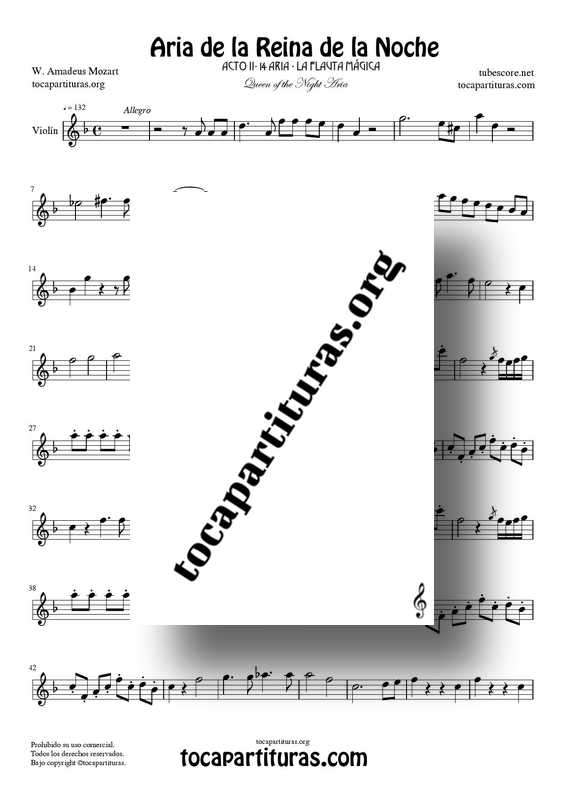 Aria de la Reina de la Noche PDF MIDI Partitura de Violín (La Flauta Mágica) Tonalidad Original Re menor