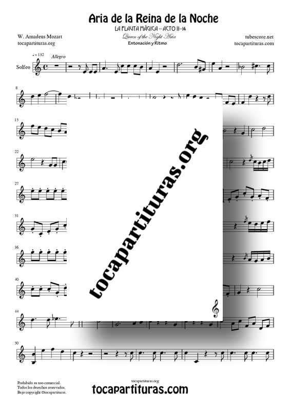 Aria de la Reina de la Noche PDF MIDI Partitura para Solfeo Rítmico y Entonación (La Flauta Mágica) Flautas Violin Oboe...Tonalidad Fácil La menor