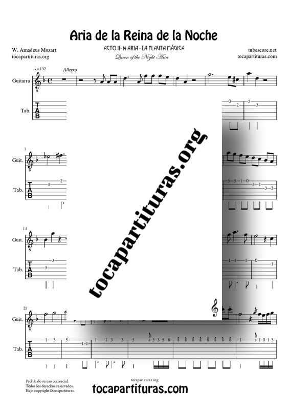 Aria de la Reina de la Noche PDF y MIDI Partitura y Tablatura del Punteo de Guitarra (La Flauta Mágica) Tonalidad Original Re m