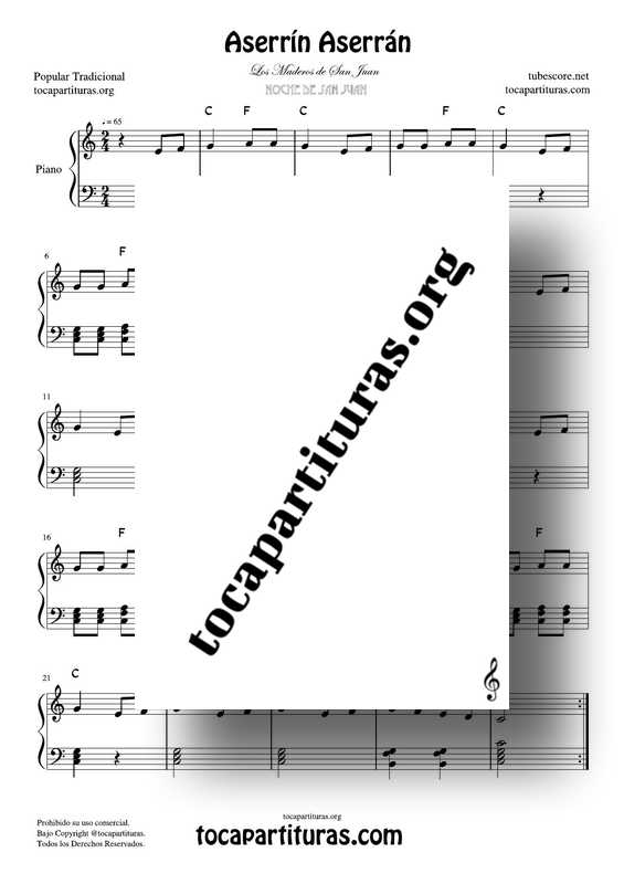 Aserrín Aserrán Partitura Fácil PDF y MIDI de Piano con acordes
