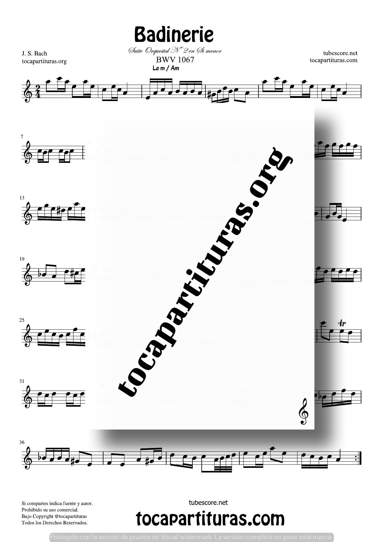 Badinerie de Bach Partitura para Viola en La menor