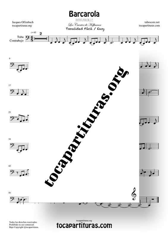 Barcarola de Offenbach Partitura PDF KARAOKE MIDI MP3 de Chelo y Fagot Tonalidad Fácil DoM