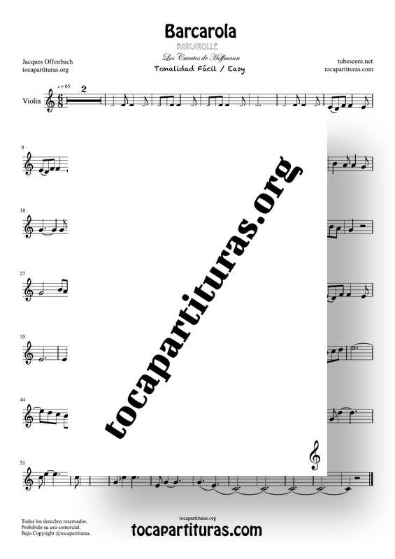 Barcarola Tonalidad Fácil (Offenbach) Partitura de Violín