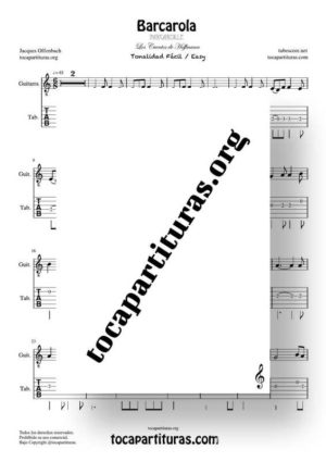 Barcarola (Offenbach) Tonalidad Fácil Tablatura y Partitura del Punteo de Guitarra (Guitar Tabs)