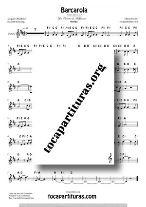 Barcarola (Offenbach) Easy Notes Sheet Music for Treble Clef (Violín, Oboe, Flute, Recorder…) Tono Original