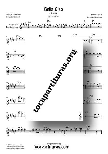 Bella Ciao Original Partitura de Saxofón Alto y Barítono Sax PDF en Do# menor
