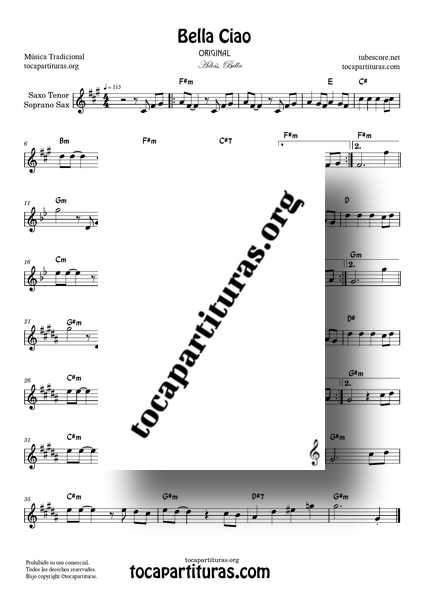 Bella Ciao Original Partitura de Saxofón Tenor y Soprano Sax PDF en Fa# menor