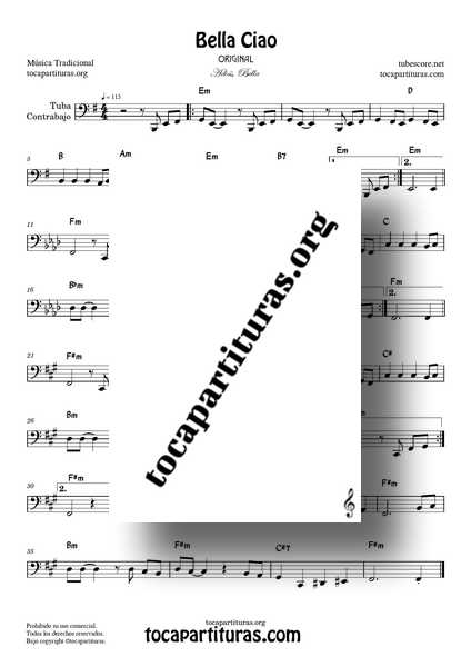 Bella Ciao Original Partitura de Tuba y Contrabajo PDF en Mi menor