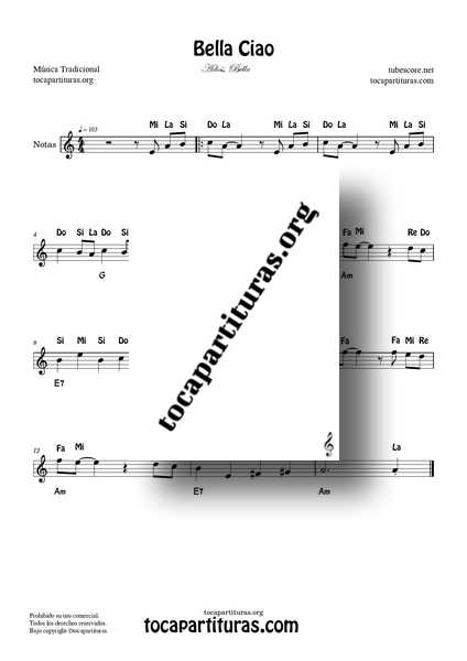 Bella Ciao Partitura Fácil con Notas en La Menor PDF Flautas Violín Oboe
