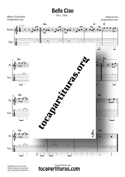 Bella Ciao Partitura y Tablatura de Banjo Fácil PDF en La Menor