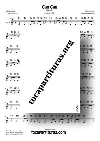 Can Can Partitura Fácil con Notas PDF y MIDI en Do Mayor (C) en letra Flauta Violin Oboe