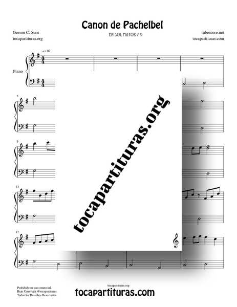 Canon de Pachelbel Partitura PDF MIDI MP3 de Piano Didáctico en Sol Mayor (G)