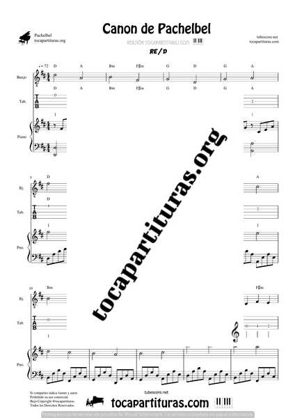 Canon de Pachelbel en D Partitura de Banjo Punteo y Piano DÚO Sheet Music for Banjo Fingering & Piano Duet Pianists