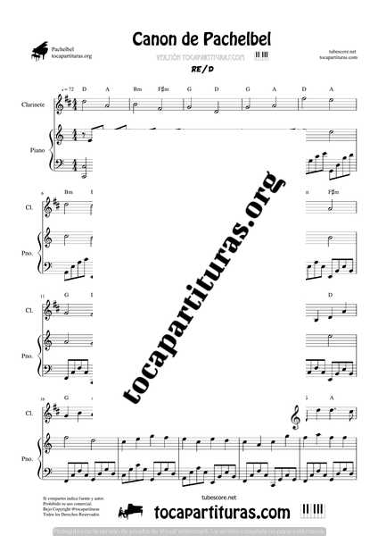 Canon de Pachelbel en D Partitura de Clarinete y Piano DÚO Sheet Music for Clarinet & Piano Duet Pianists