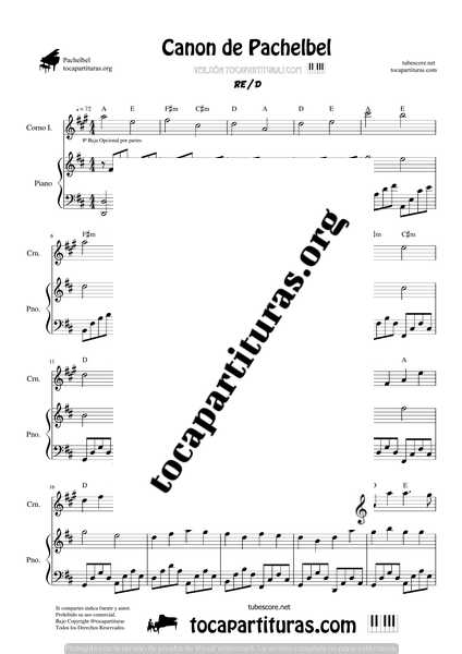 Canon de Pachelbel en D Partitura de Corno Inglés y Piano DÚO Sheet Music for English horn & Piano Duet Pianists