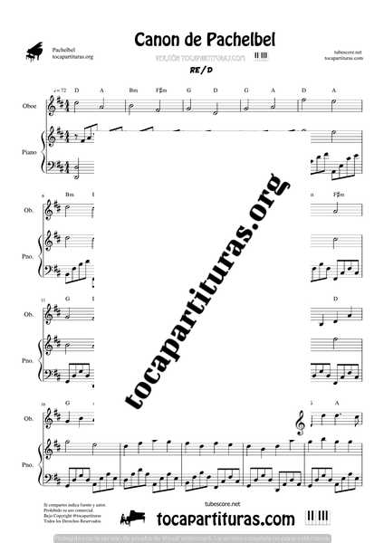 Canon de Pachelbel en D Partitura de Oboe y Piano DÚO Sheet Music for Oboe y Piano Duet Pianists