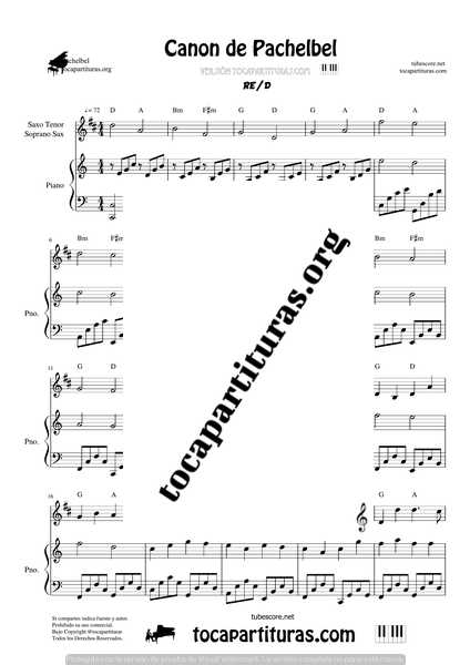 Canon de Pachelbel en D Partitura de Saxofón Tenor & Soprano Sax y Piano DÚO Sheet Music for Tenor Saxophone & Soprano Saxo & Piano Duet Pianists