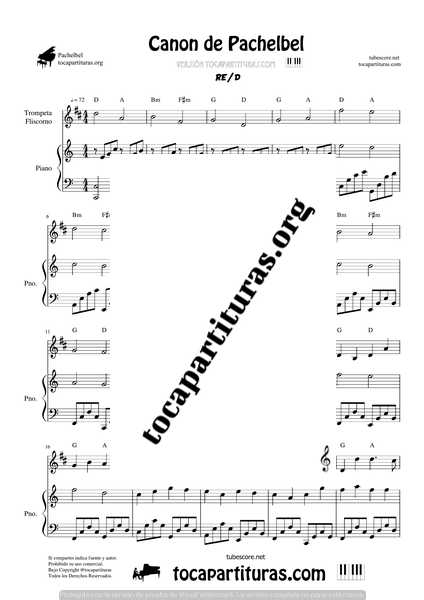 Canon de Pachelbel en D Partitura de Trompeta y Fliscorno y Piano DÚO Sheet Music for Trumpet and Flugerlhorn & Piano Duet Pianists