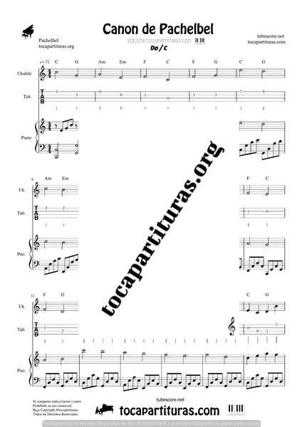 Canon de Pachelbel en D Partitura de Ukelele Punteo y Piano DÚO Sheet Music for Ukelele Fingering & Piano Duet Pianists