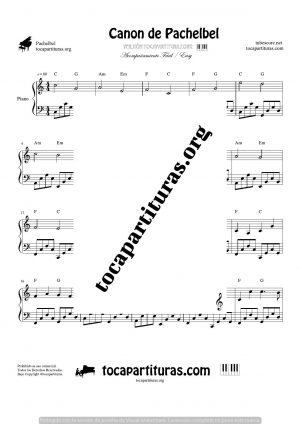 Canon de Pachelbel en Do (C) Piano (melodía y acompañamiento fácil)
