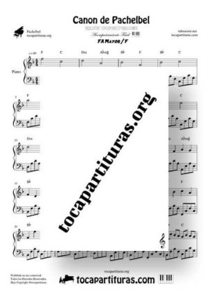 Canon de Pachelbel en Fa Mayor (F) Partitura de Piano Acompañamiento con Acordes (I-V-VIII)