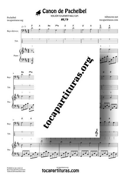 Canon de Pachelbel en Re Partitura y Tablatura de Bajo Eléctrico PDF KARAOKE con Dúo de Piano (Melodía y acompañamiento)