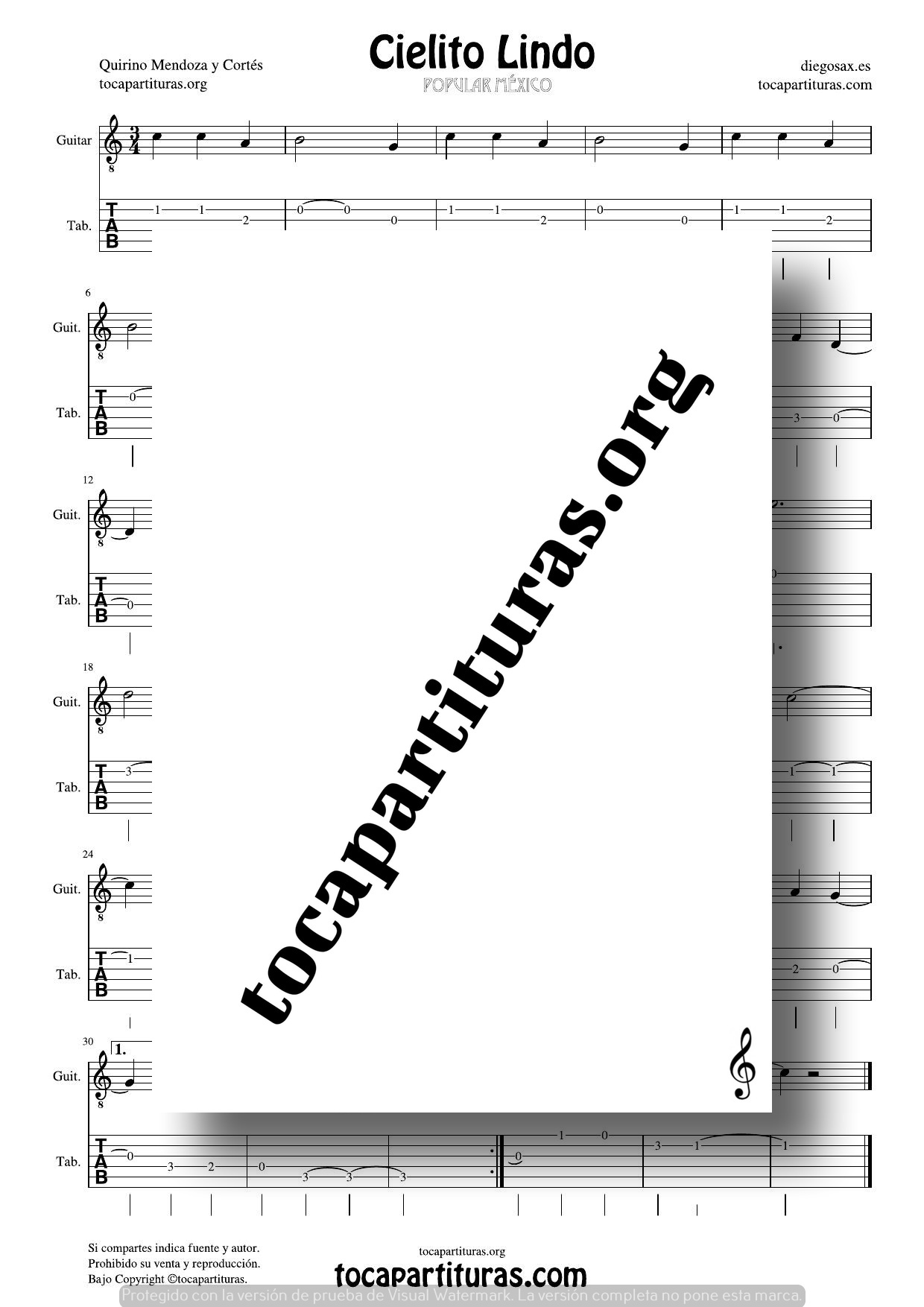 Cielito Lindo Partitura PDF MIDI Tablatura del Punteo Fácil de Guitarra