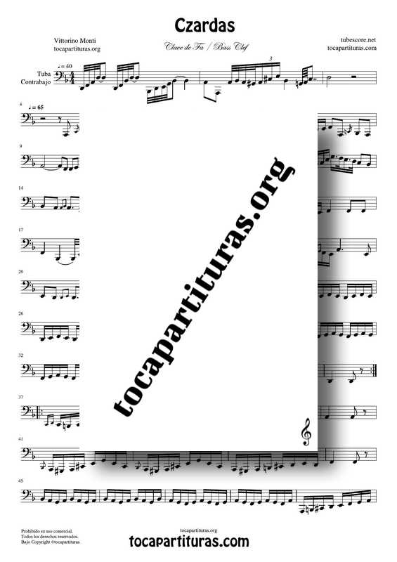 Czardas Partitura de Tuba y Contrabajo Melodía en Clave de Fa 8ª baja