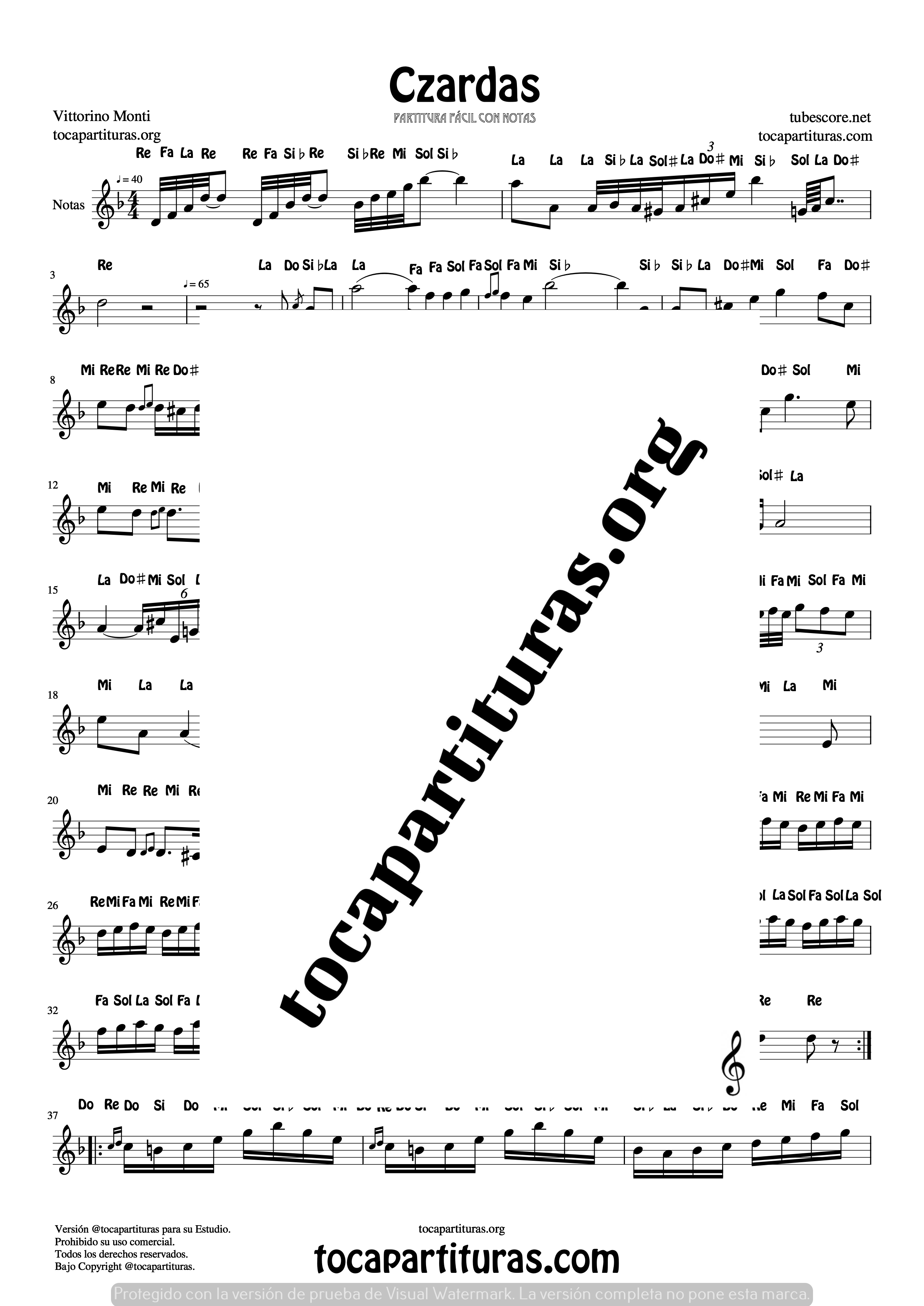 Czardas Partitura fácil con Notas para Flauta Violín Oboe PDF con Karaoke