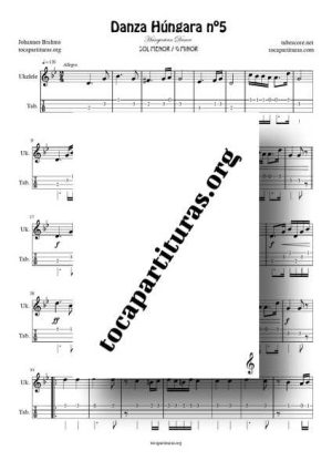 Danza Húngara Nº 5 Partitura y Tablatura de Ukelele en Sol menor Tonalidad Original