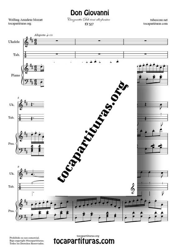 Don Giovanni Partitura Dúo Tabs de Ukelele y Piano Canzonetta Deh vieni alla finestra Re M