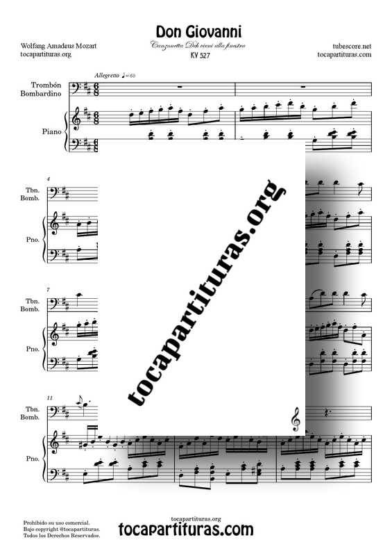 Don Giovanni Partitura Dúo Trombón : Bombardino y Piano Acompañamiento Canzonetta Deh vieni alla finestra Re M