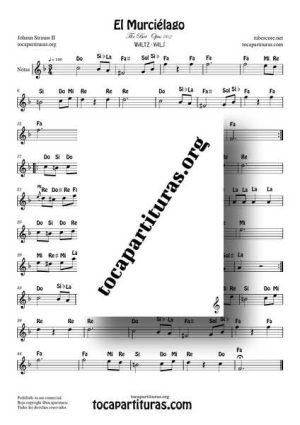 El Murciélago Partitura con Notas de Flauta Violín Oboe Fa Mayor
